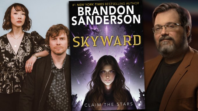 A photo compilation featuring Jed Whedon and Maurissa Tancharoen on the left, the 'Skyward' book cover in the center, and Brandon Sanderson on the right