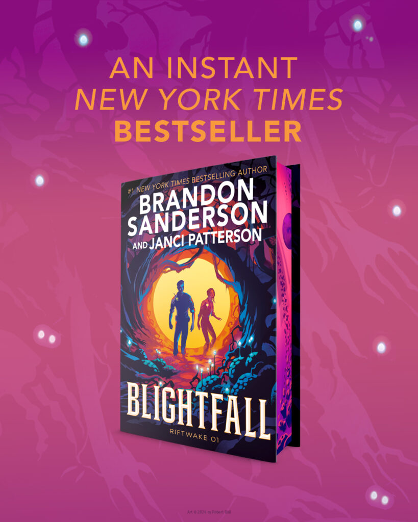 A social media graphic featuring BLIGHTFALL by Brandon Sanderson and Janci Patterson in the center against a magenta background. Above the book reads text that says "An Instant New York Times Bestseller"